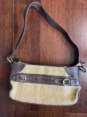 CL America Western Boho Straw Shoulder Bag Crocodile Embossed Leather Trim Y2K